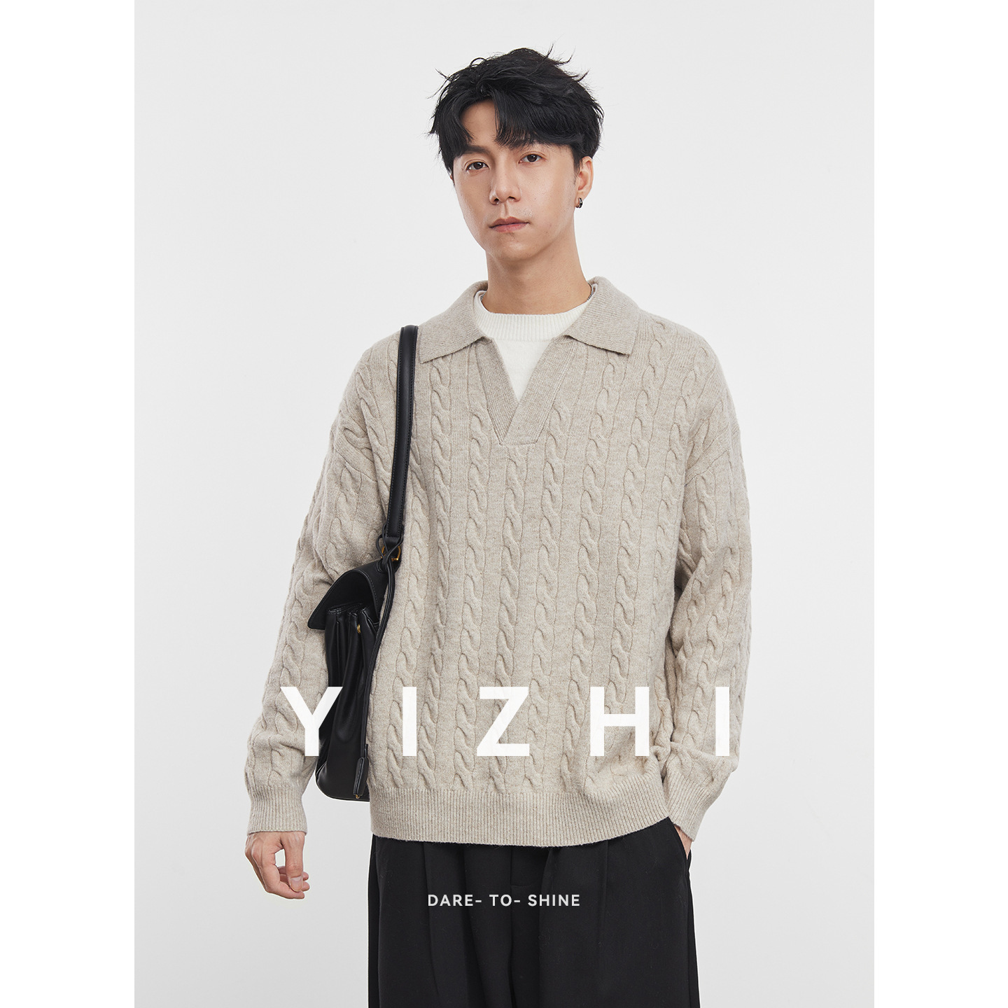 한국판 패치 투피스 터틀넥 니트 남성용 루스한 가을 탑 트렌디