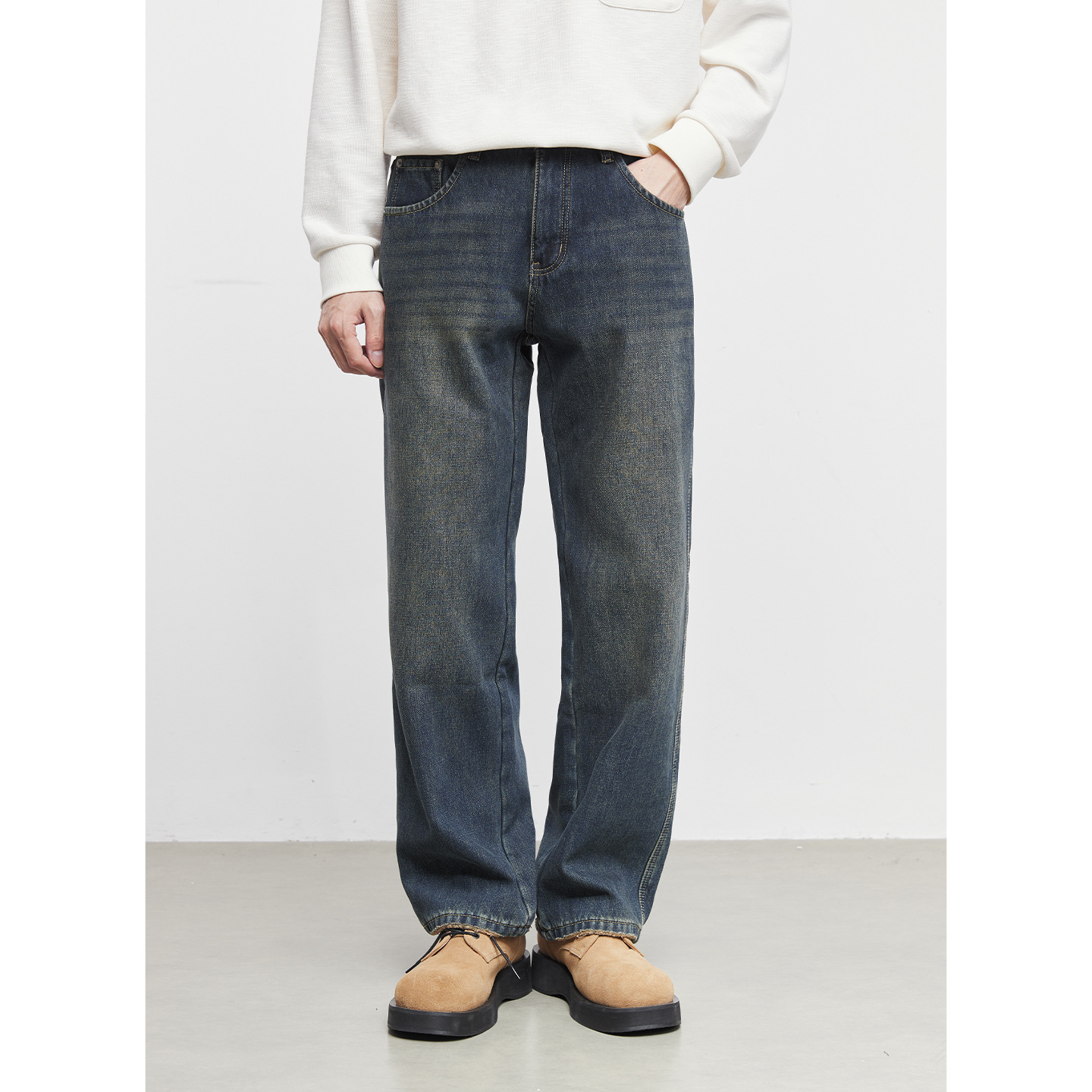 남성 빈티지 기모 통 청바지 가을 겨울 와이드 캐주얼 트렌드 구제 와이드 팬츠입니다