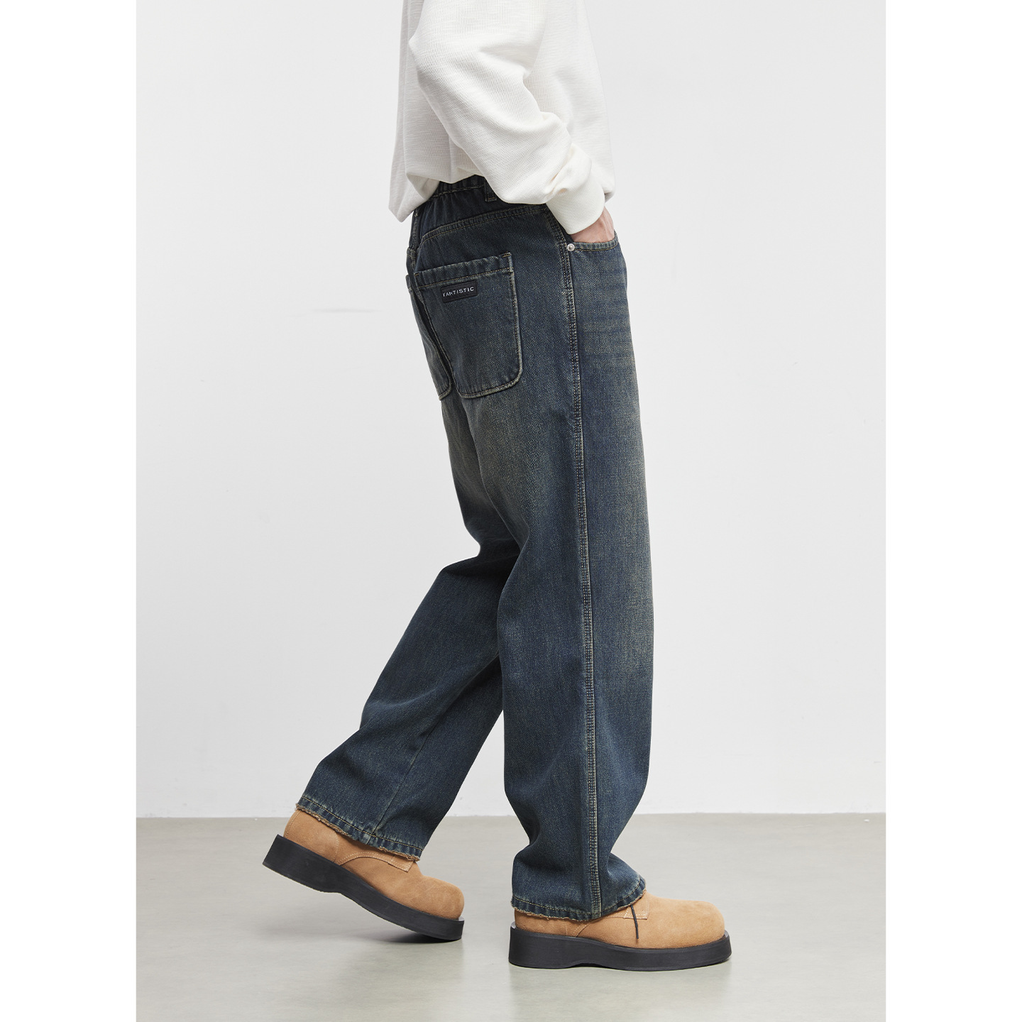 남성 빈티지 기모 통 청바지 가을 겨울 와이드 캐주얼 트렌드 구제 와이드 팬츠입니다