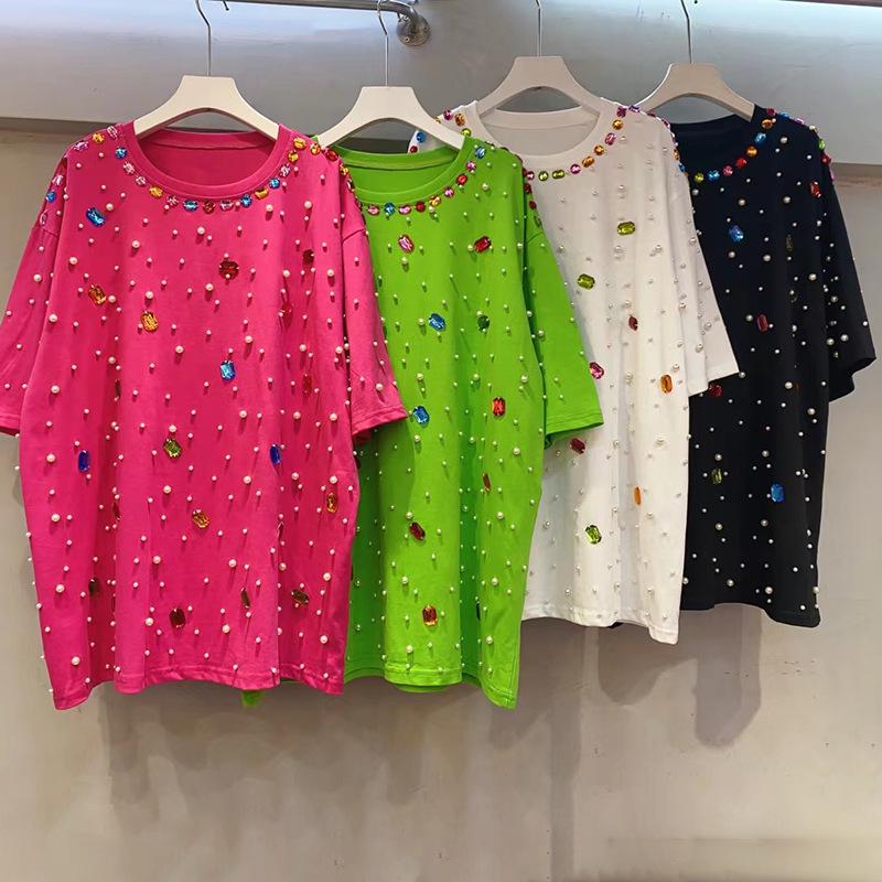 타이 패션 비딩 다이아몬드 반팔 티셔츠