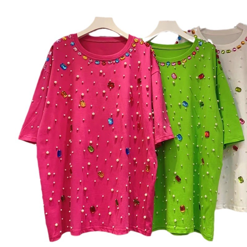타이 패션 비딩 다이아몬드 반팔 티셔츠