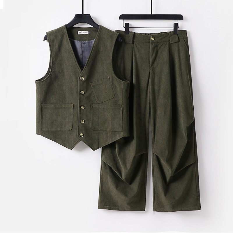 아메리칸 카고 코듀로이 조끼 남성 세트 가을겨울 빈티지 루즈한 캐주얼 활용도 라지 팬츠 투피스