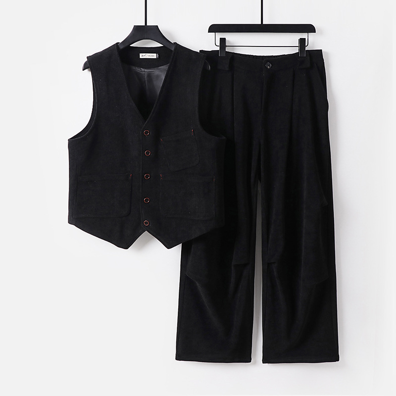 아메리칸 카고 코듀로이 조끼 남성 세트 가을겨울 빈티지 루즈한 캐주얼 활용도 라지 팬츠 투피스