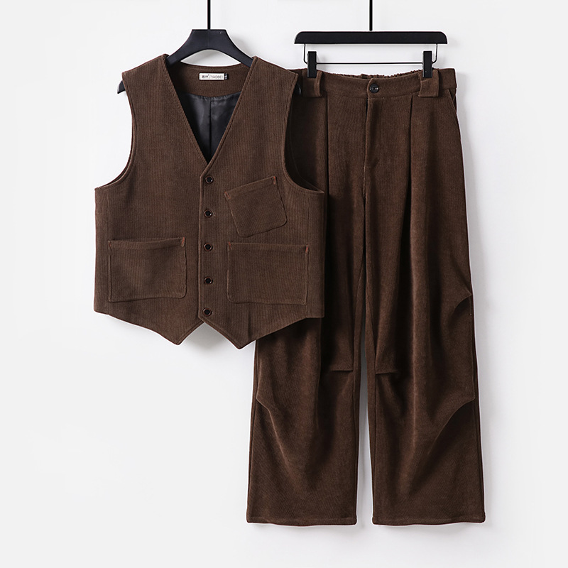 아메리칸 카고 코듀로이 조끼 남성 세트 가을겨울 빈티지 루즈한 캐주얼 활용도 라지 팬츠 투피스