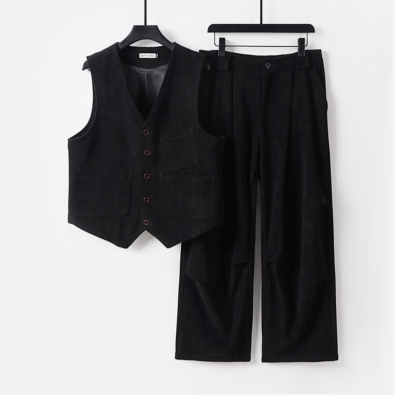 아메리칸 카고 코듀로이 조끼 남성 세트 가을겨울 빈티지 루즈한 캐주얼 활용도 라지 팬츠 투피스