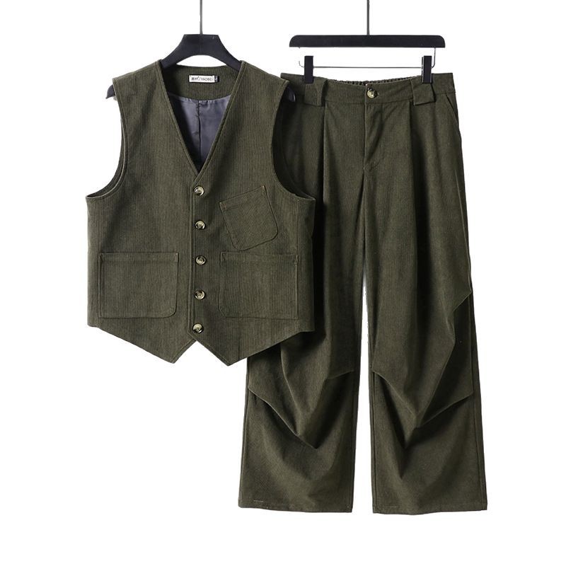 아메리칸 카고 코듀로이 조끼 남성 세트 가을겨울 빈티지 루즈한 캐주얼 활용도 라지 팬츠 투피스