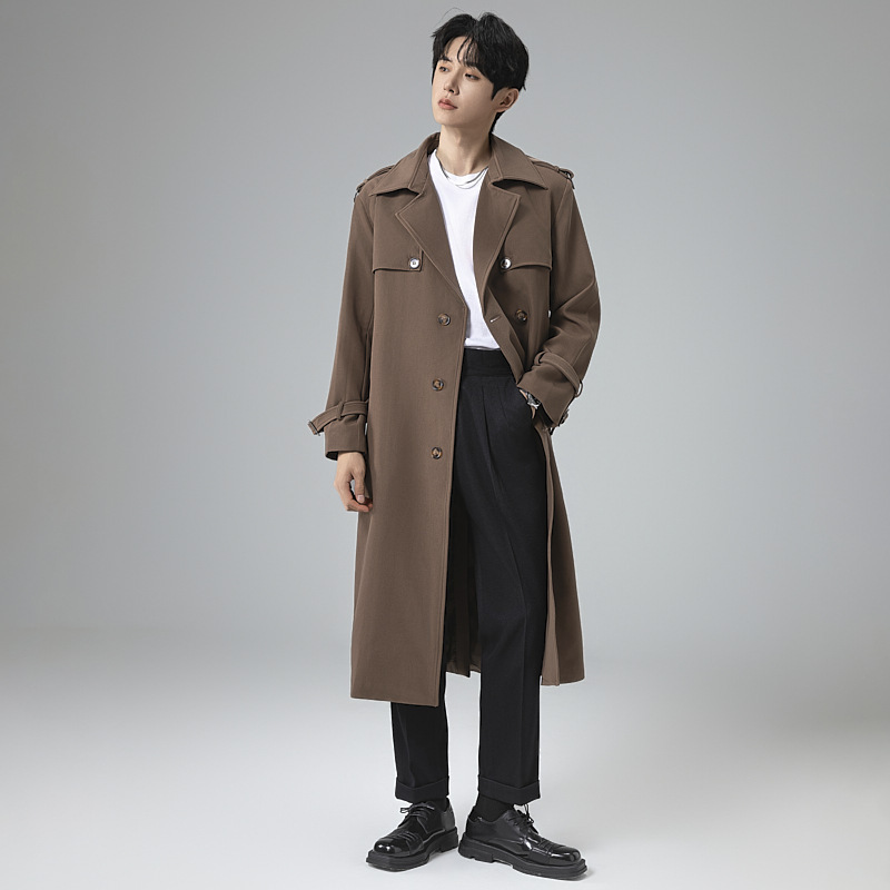 남성복 박시핏 더블 버튼의 봄가을 트렌치코트남 롱 무릎 기장으로 내려오는 고급스러운 터틀넥 디자인의 아우터남