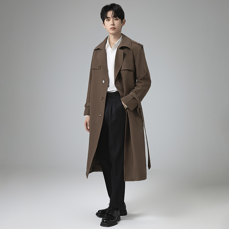 남성복 박시핏 더블 버튼의 봄가을 트렌치코트남 롱 무릎 기장으로 내려오는 고급스러운 터틀넥 디자인의 아우터남