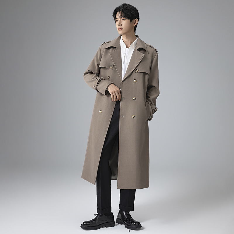 남성복 박시핏 더블 버튼의 봄가을 트렌치코트남 롱 무릎 기장으로 내려오는 고급스러운 터틀넥 디자인의 아우터남