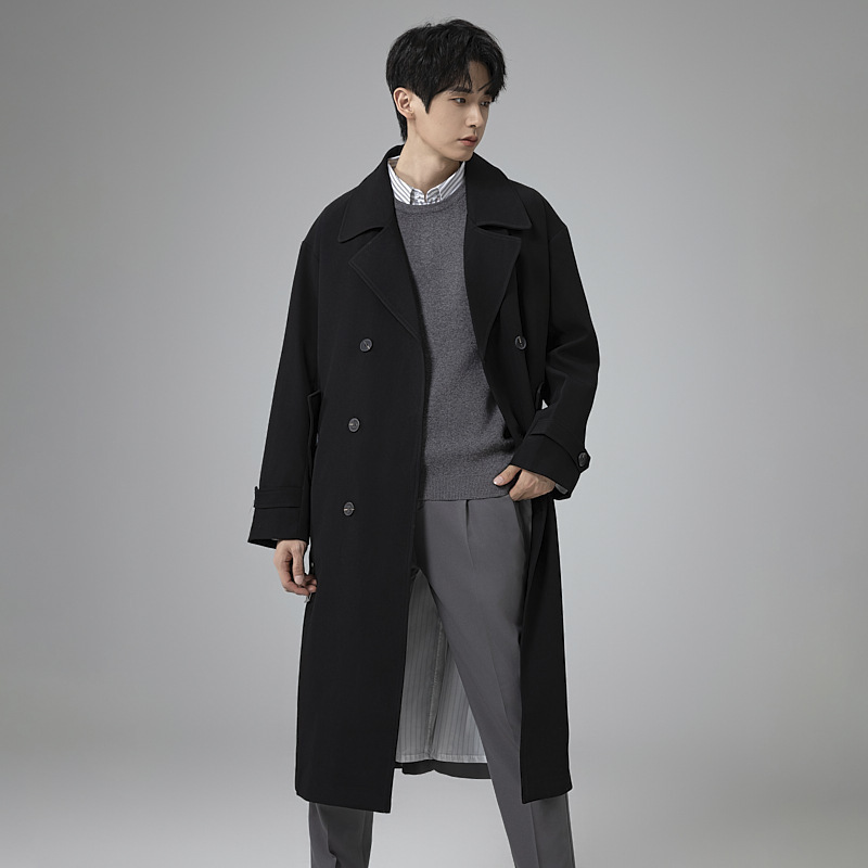 박시함 라지 사이즈 캐주얼 더블 봄가을 트렌치코트 남자 롱기장으로 무릎 내려오는 고급스러운 터틀넥 디자인 아우터남입니다