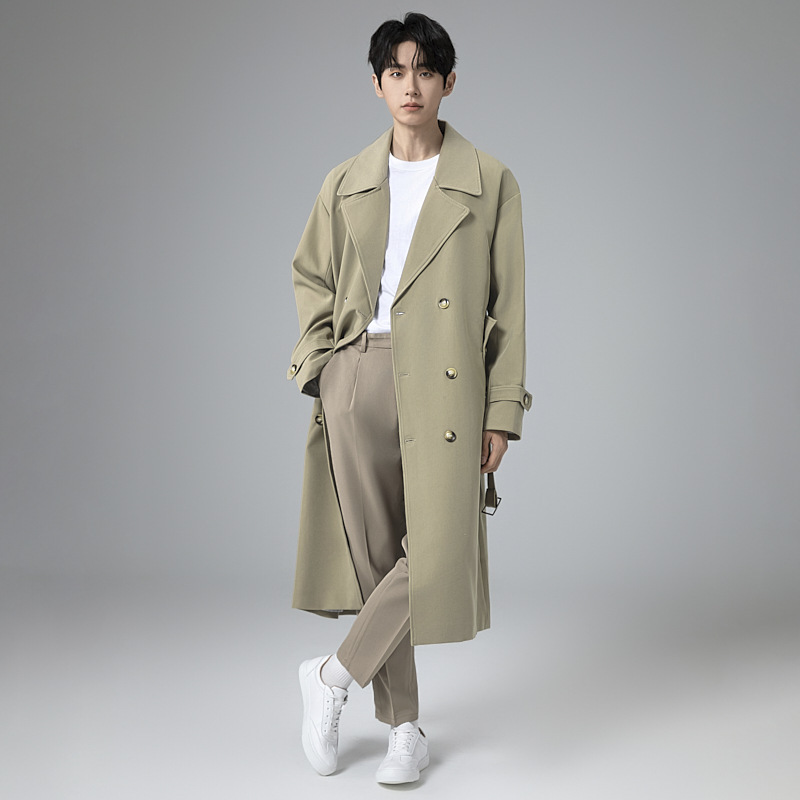 박시함 라지 사이즈 캐주얼 더블 봄가을 트렌치코트 남자 롱기장으로 무릎 내려오는 고급스러운 터틀넥 디자인 아우터남입니다