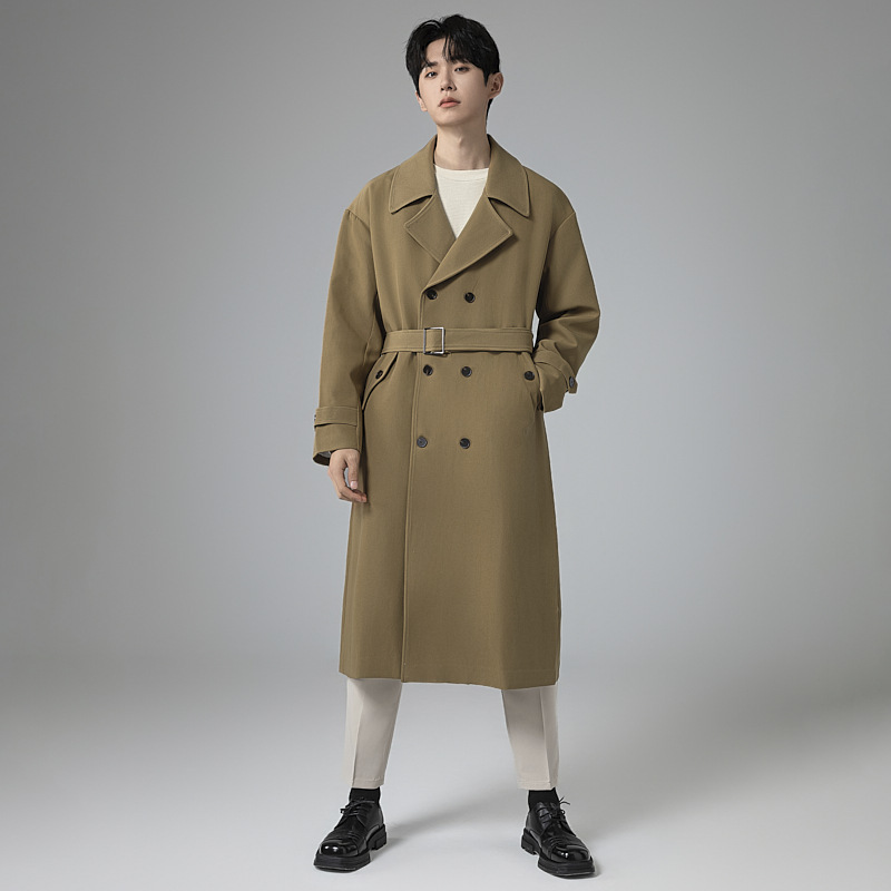 박시함 라지 사이즈 캐주얼 더블 봄가을 트렌치코트 남자 롱기장으로 무릎 내려오는 고급스러운 터틀넥 디자인 아우터남입니다