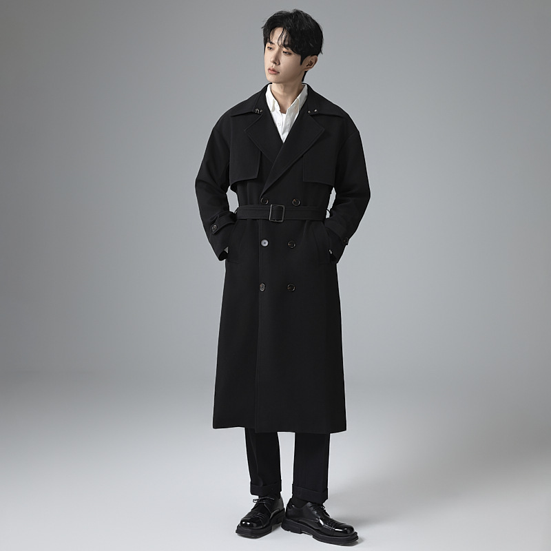 디자인 더블 접시 롱 트렌치코트 남성 무릎 아래로 내려오는 더블 버튼의 루즈핏 탑으로 고급스러운