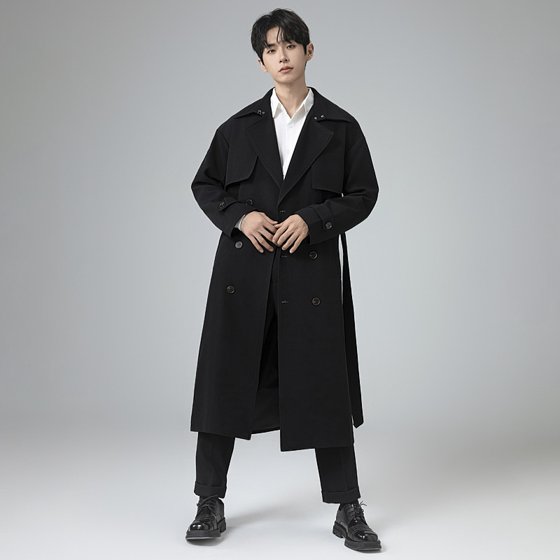 디자인 더블 접시 롱 트렌치코트 남성 무릎 아래로 내려오는 더블 버튼의 루즈핏 탑으로 고급스러운
