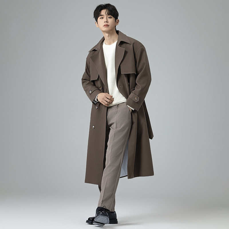 디자인 더블 접시 롱 트렌치코트 남성 무릎 아래로 내려오는 더블 버튼의 루즈핏 탑으로 고급스러운