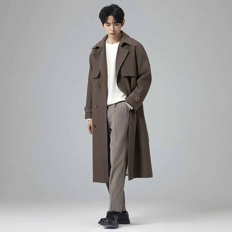 디자인 더블 접시 롱 트렌치코트 남성 무릎 아래로 내려오는 더블 버튼의 루즈핏 탑으로 고급스러운