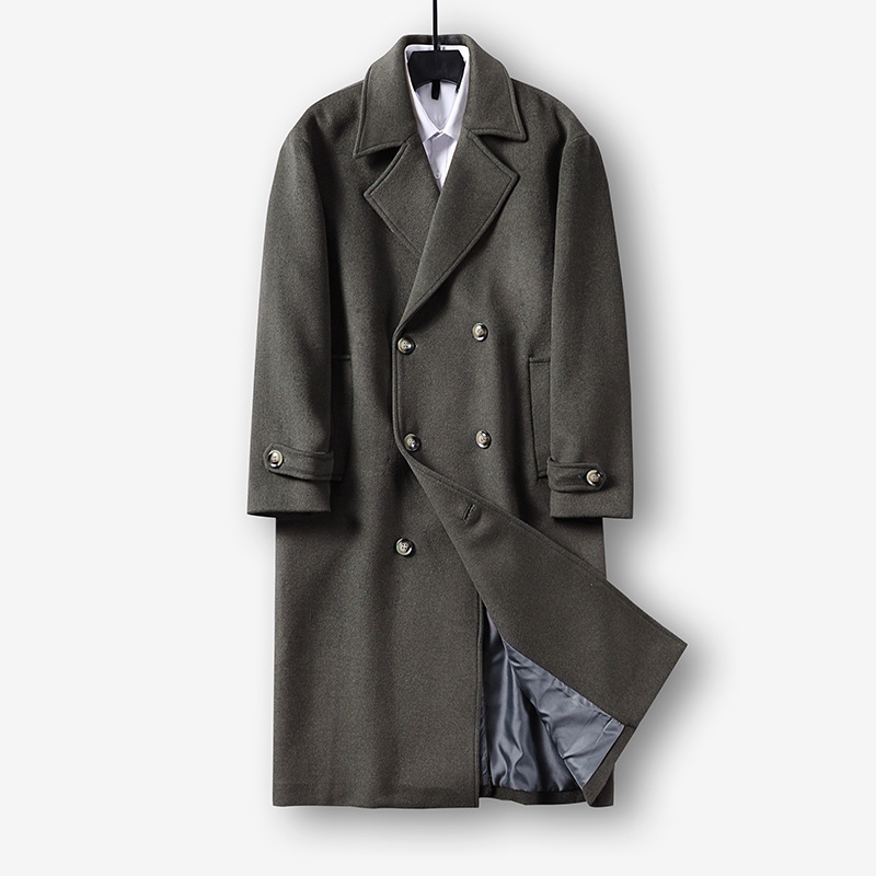 롱 라지 사이즈의 박시하고 클래식한 더블 라지 패드 넓은 어깨 디자인 실루엣 울 싱글 코트 남자