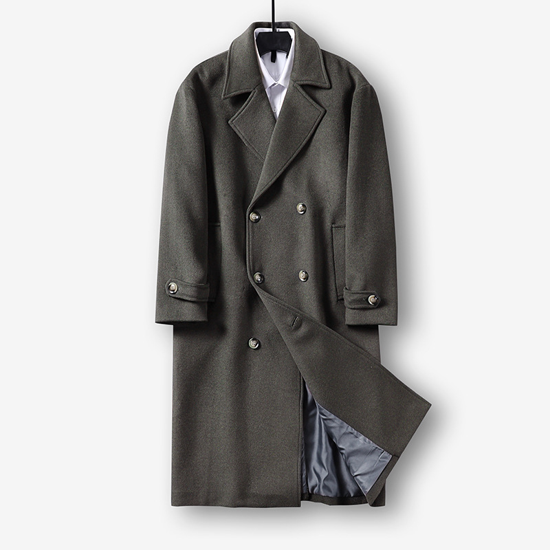 롱 라지 사이즈의 박시하고 클래식한 더블 라지 패드 넓은 어깨 디자인 실루엣 울 싱글 코트 남자