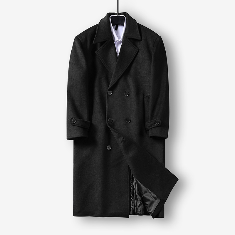 롱 라지 사이즈의 박시하고 클래식한 더블 라지 패드 넓은 어깨 디자인 실루엣 울 싱글 코트 남자
