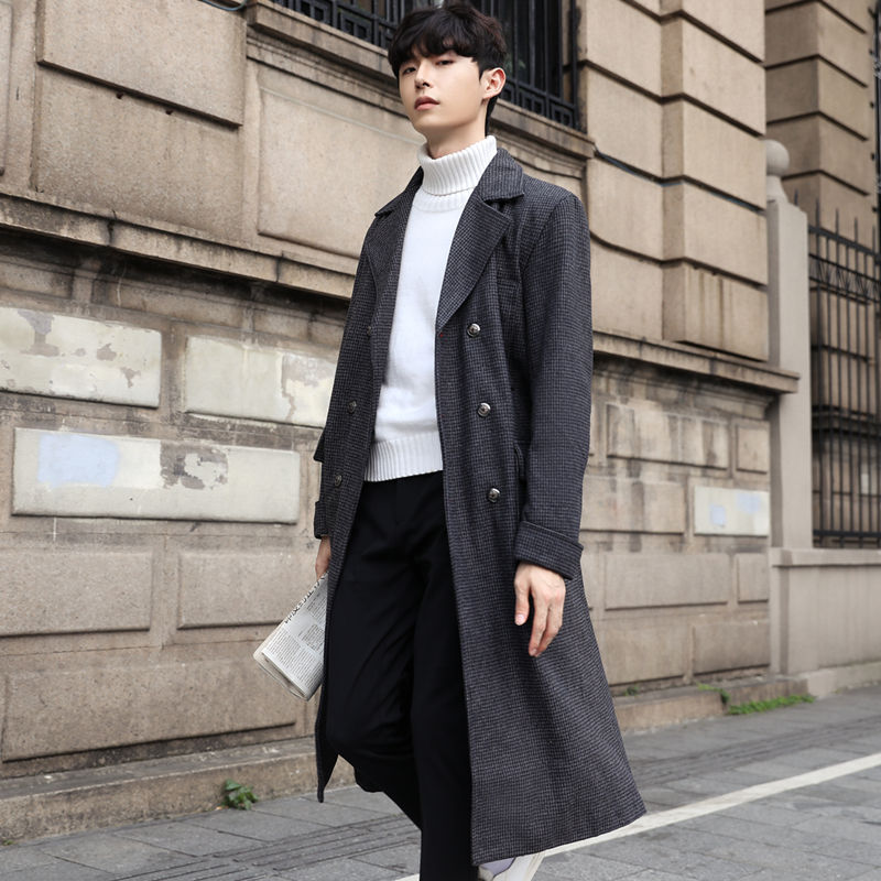 빈티지한 체크 트렌치코트 남성 중추 봄 신상 래글런 캐주얼 더블 코트 라지 사이즈