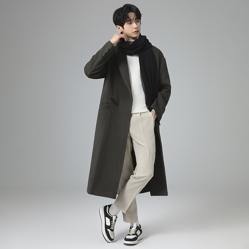 고급 모직 코트 남자 울 롱 트렌치코트 무릎까지 내려오는 코트 라지 사이즈 캐시미어 코트 남자