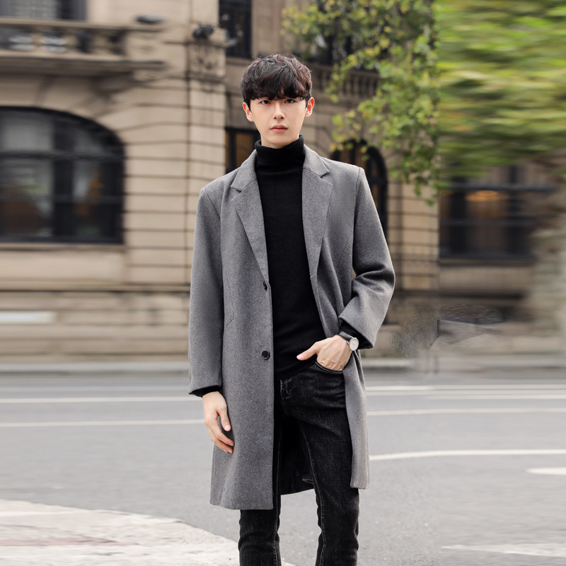 트렌치코트 남성 미디엄 기장의 모직 코트 남성 한판 멋스러운 슬림 모직 코트 가을-겨울남