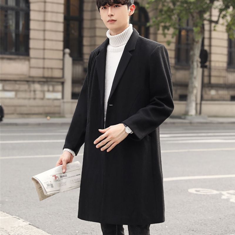 트렌치코트 남성 미디엄 기장의 모직 코트 남성 한판 멋스러운 슬림 모직 코트 가을-겨울남