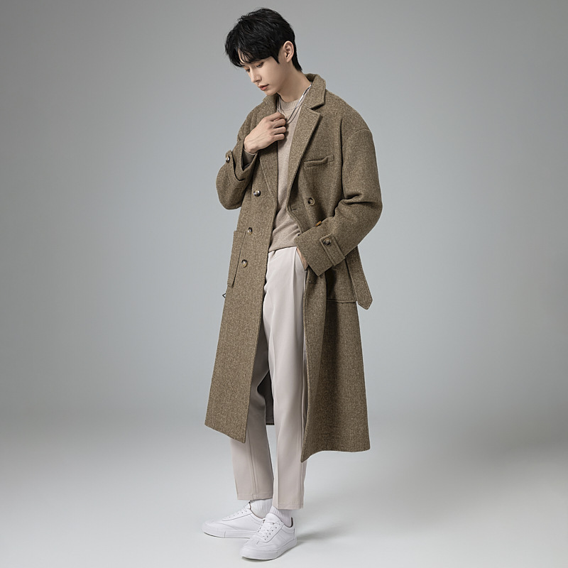가을 겨울 멜라드 모직 코트 남성 고급스러운 느낌의 롱 트렌치코트 무릎 내려오는 루즈핏 모직 코트남