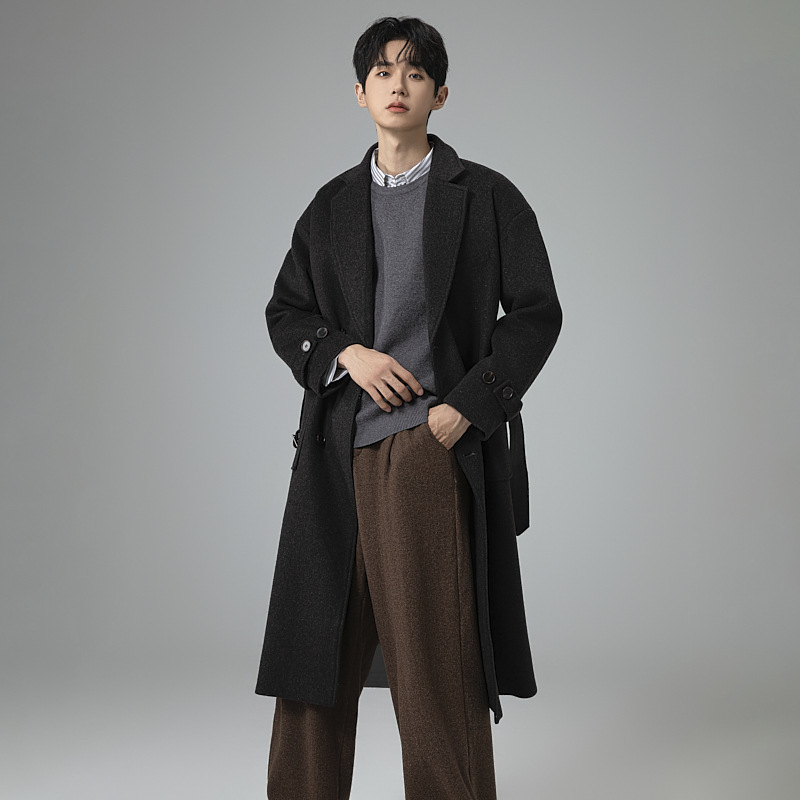 가을 겨울 멜라드 모직 코트 남성 고급스러운 느낌의 롱 트렌치코트 무릎 내려오는 루즈핏 모직 코트남